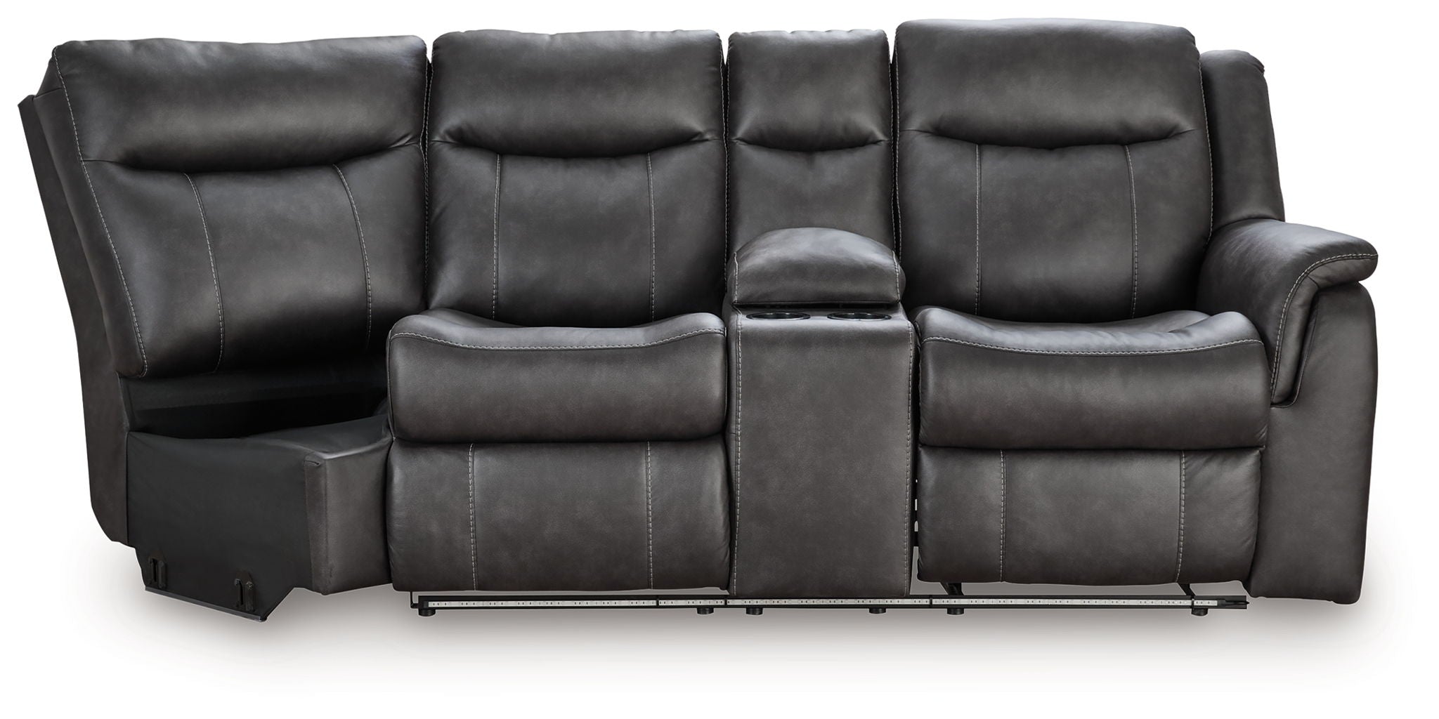 Reclining loveseat with padded armrests, dark gray faux leather, reclining seat sections