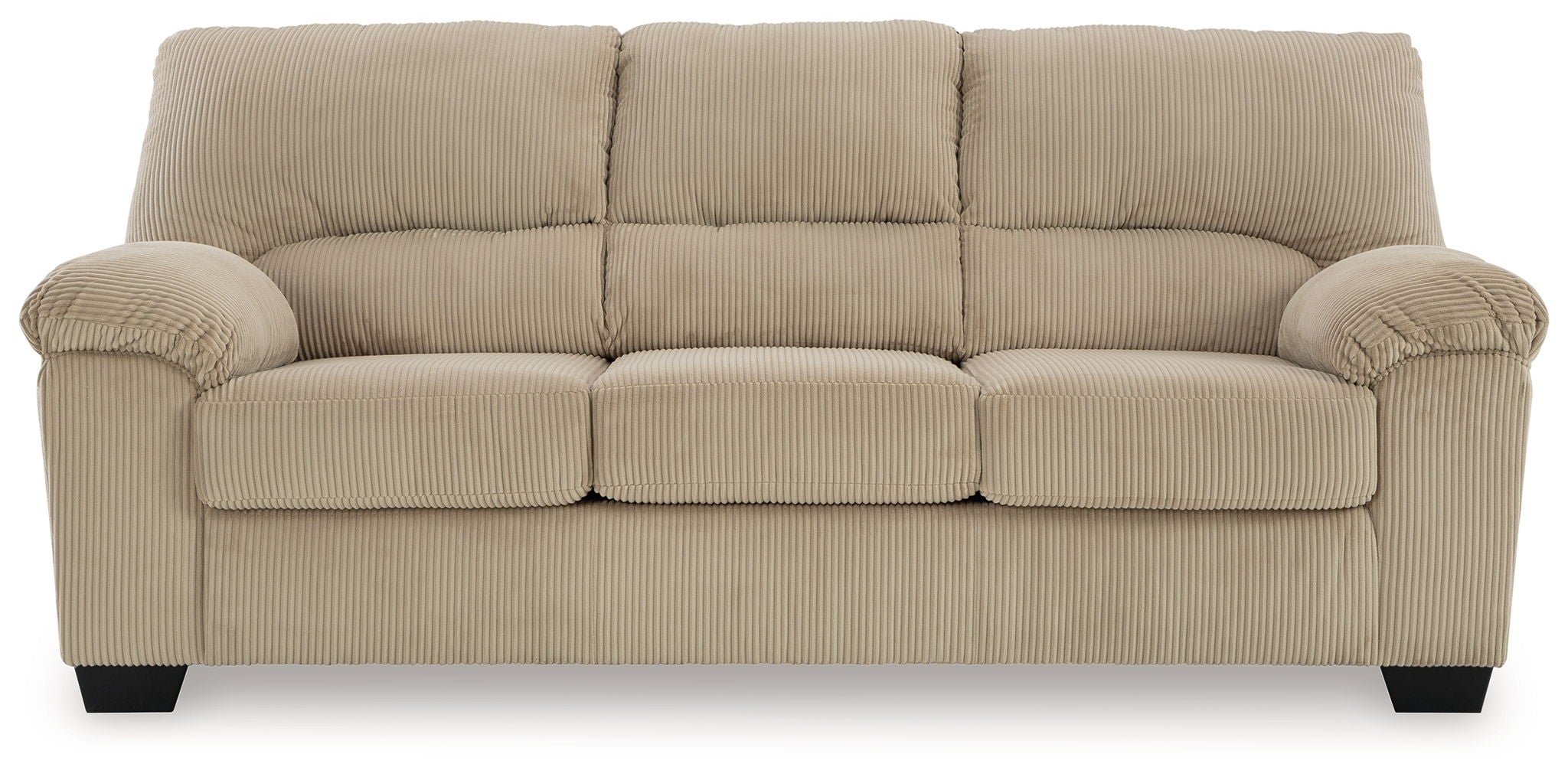 Beige upholstered sofa with padded armrests, tufted back cushions, and square legs.