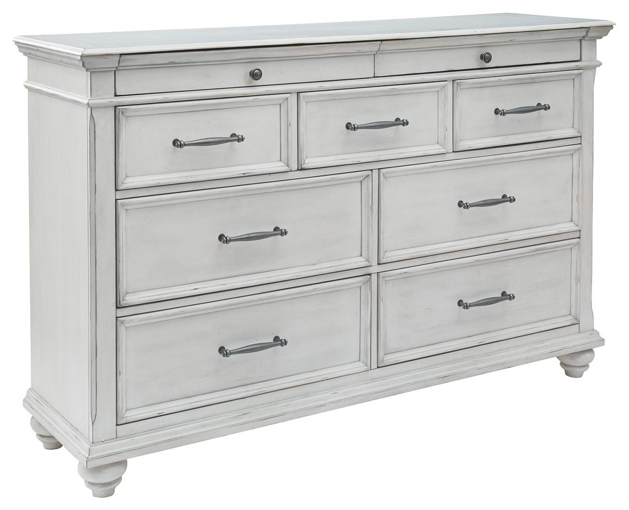 Whitewash dresser with six drawers, metal bar pulls, and turned legs
