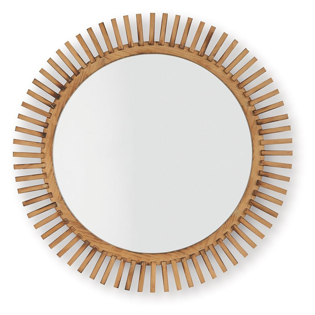 Accent mirror with round wood frame and radial slat border, reflective glass