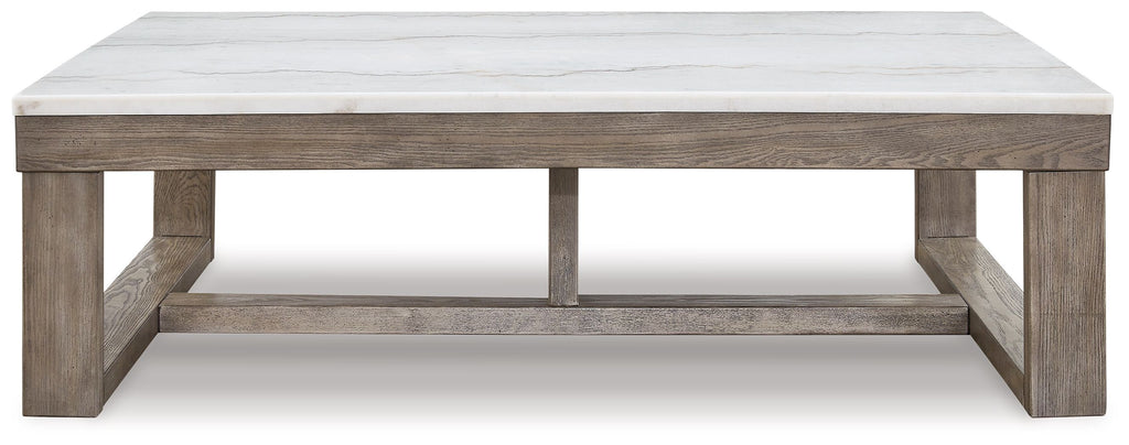 Rectangular cocktail table with white marble-look top and brown wood frame, open shelf.