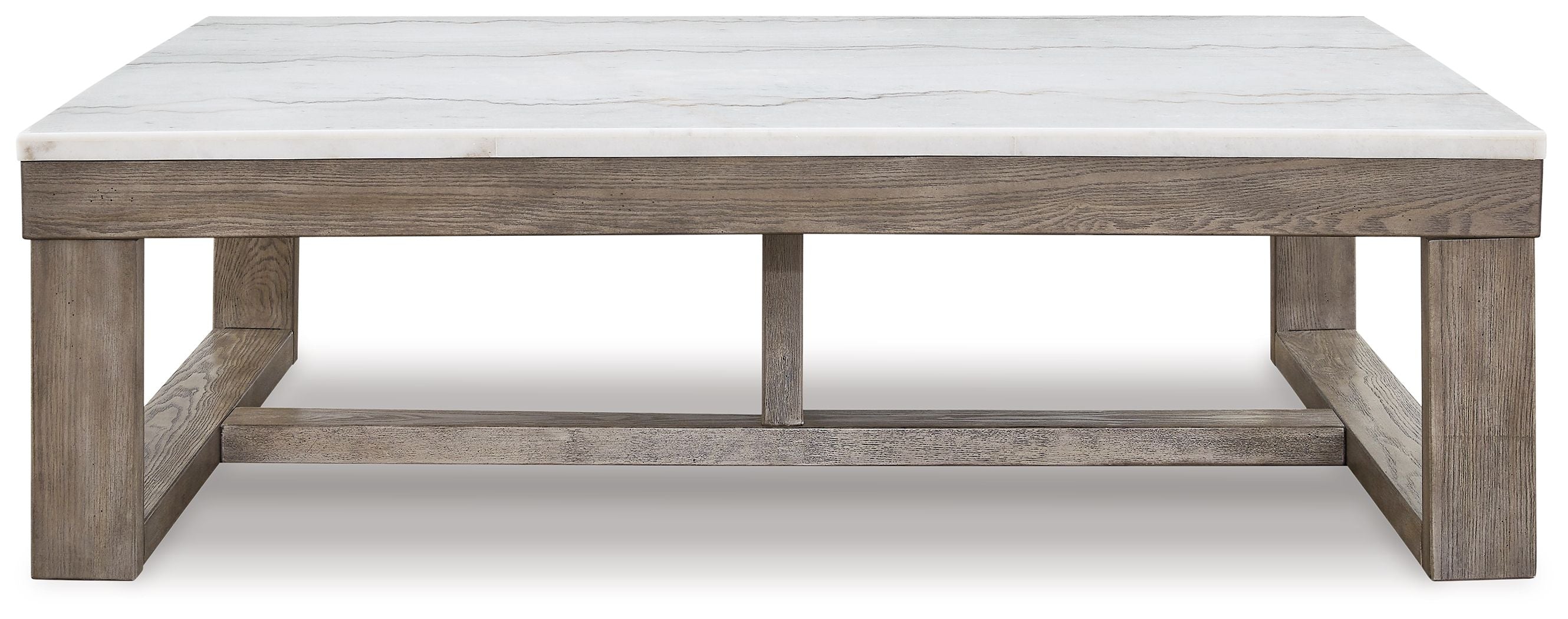 Rectangular cocktail table with white marble-look top and brown wood frame, open shelf.