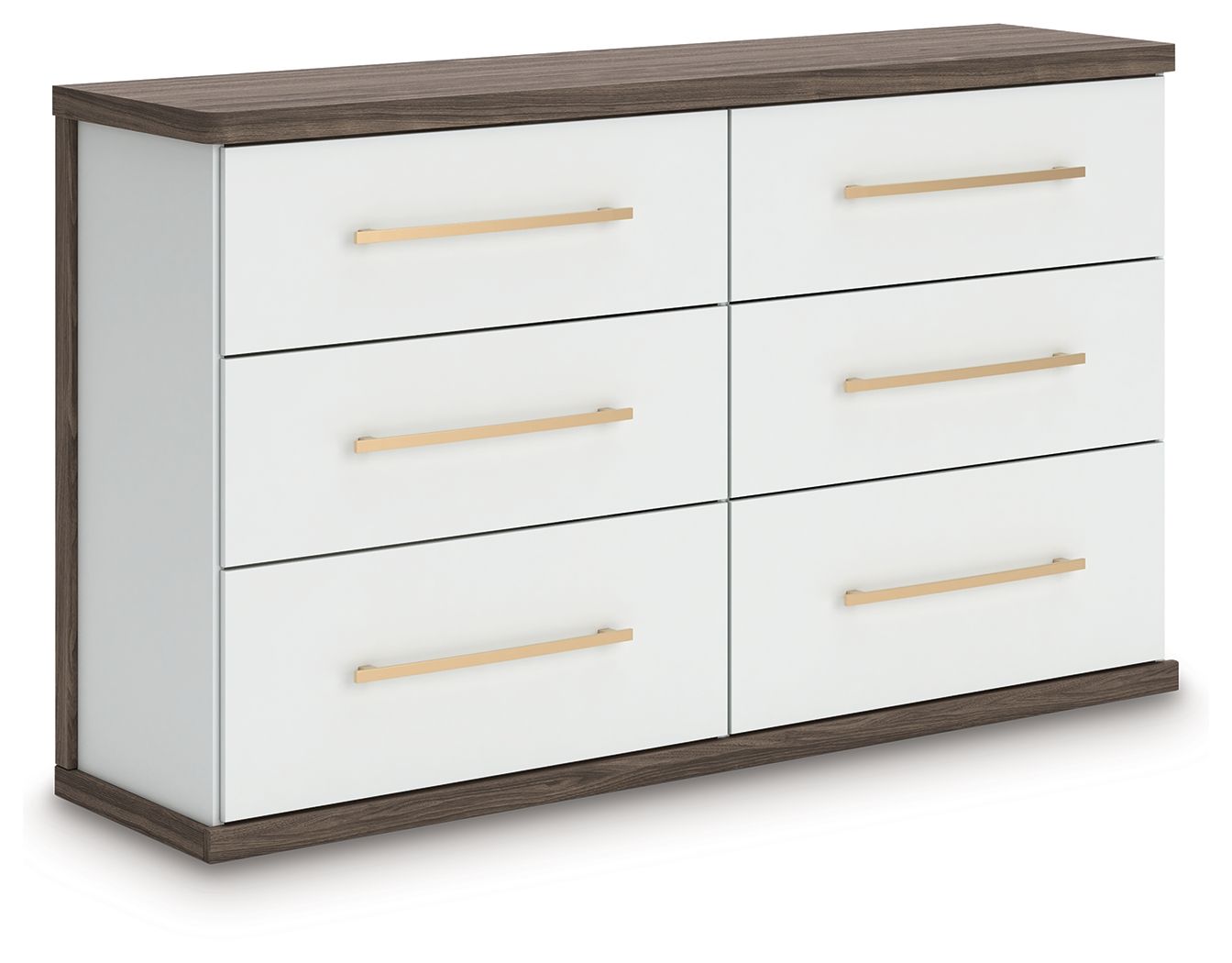 Six-drawer dresser with white drawers and warm wood top, featuring gold bar pulls.
