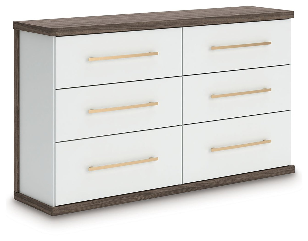 Brown-and-white dresser with six drawers and gold bar pulls, cabinet-style sides
