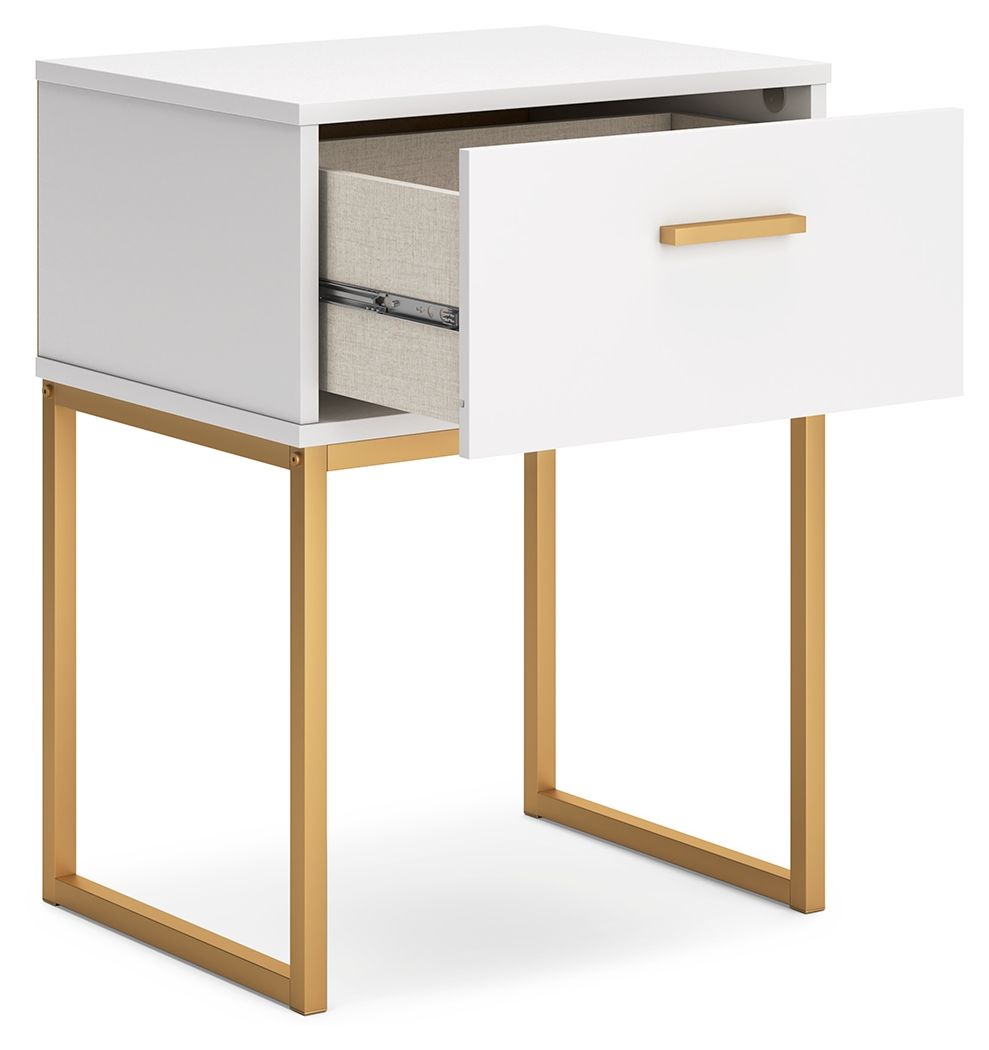 White night stand with open drawer showing interior, gold-tone bar handle.