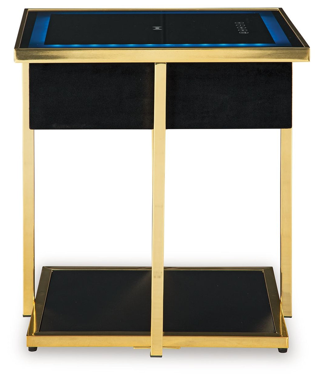Black accent table with gold frame, open front doors, blue-lit top panel and lower shelf