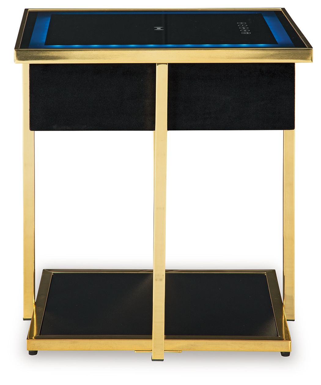 Black accent table with gold frame, open front doors, blue-lit top panel and lower shelf