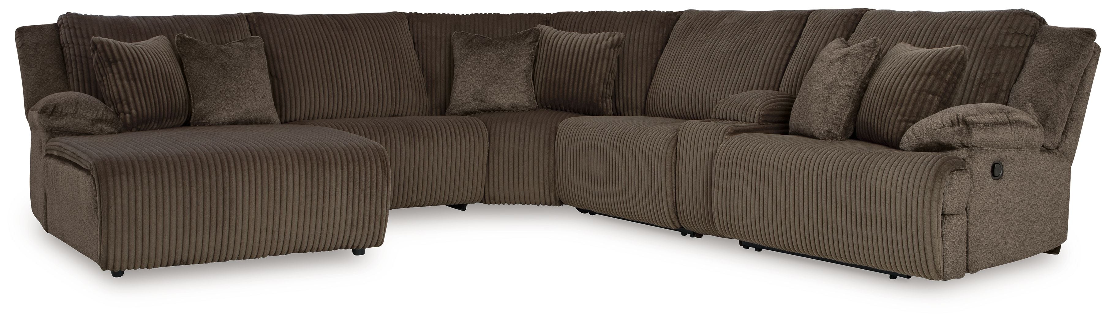 Dark brown striped reclining sectional sofa with chaise-style end and tufted back cushions
