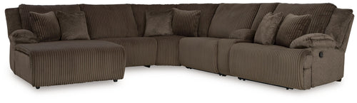 Dark brown striped reclining sectional sofa with chaise-style end and tufted back cushions