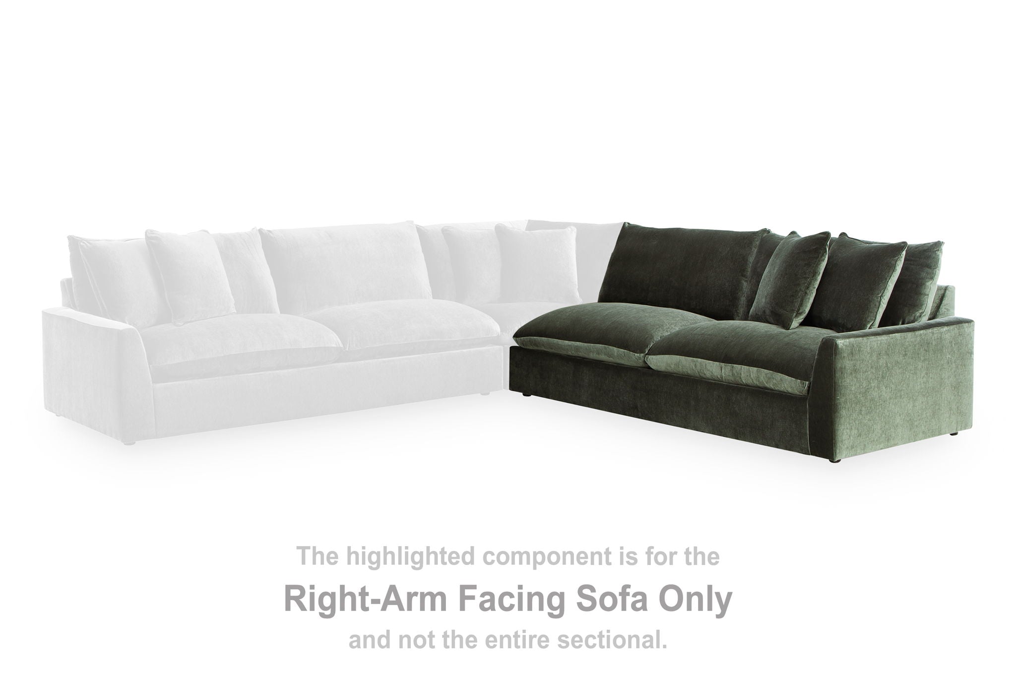 Jade green right-arm sectional sofa with chaise, plush back cushions and armrests