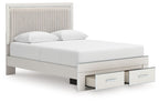 Upholstered panel platform storage bed, light upholstered headboard with two drawers and white mattress