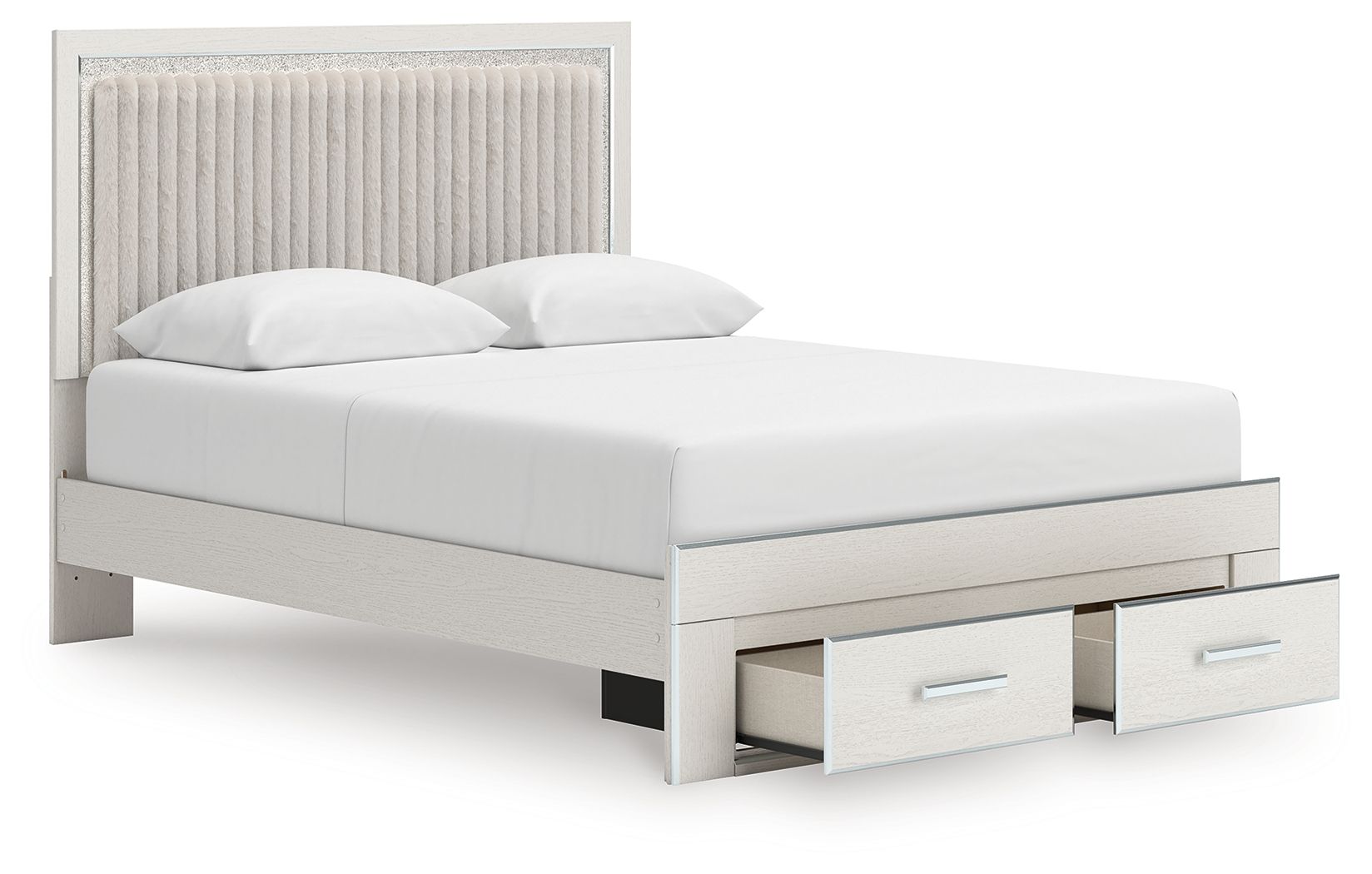 Upholstered panel platform storage bed, light upholstered headboard with two drawers and white mattress