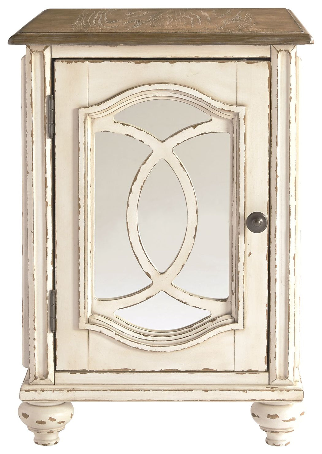 Whitewashed chair side end table with inset oval mirror door and black knob