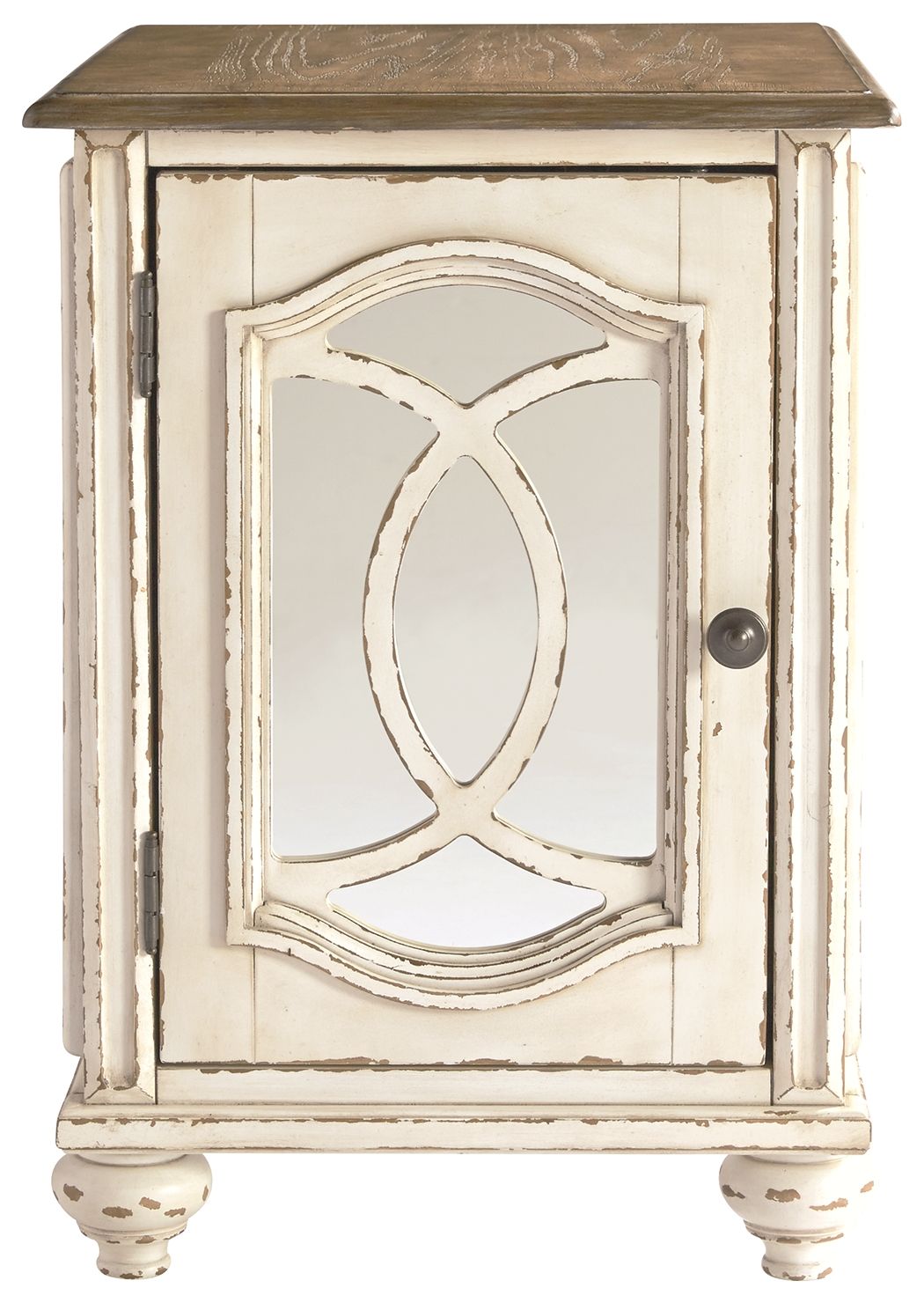 Whitewashed chair side end table with inset oval mirror door and black knob