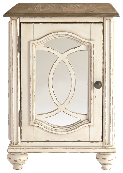 Whitewashed chair side end table with inset oval mirror door and black knob