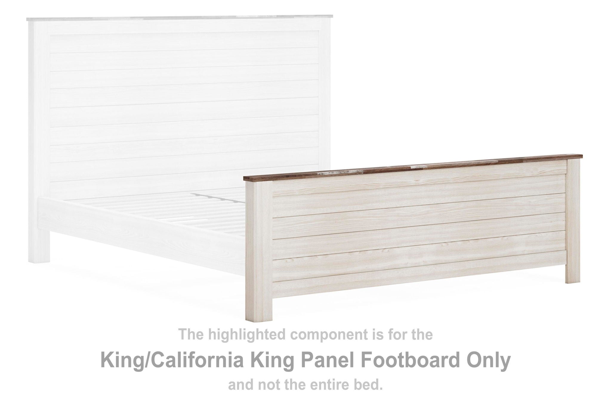 King panel footboard in whitewash finish with horizontal slats
