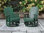 Pair of green swivel glider rocking chairs with slatted backs and seat boards