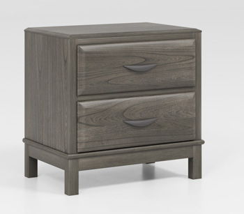 Gray wood two-drawer night stand with curved pulls and short legs