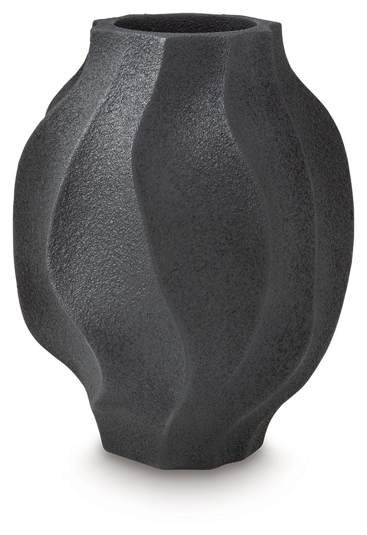 Black textured vase with asymmetrical fluted curves and round opening