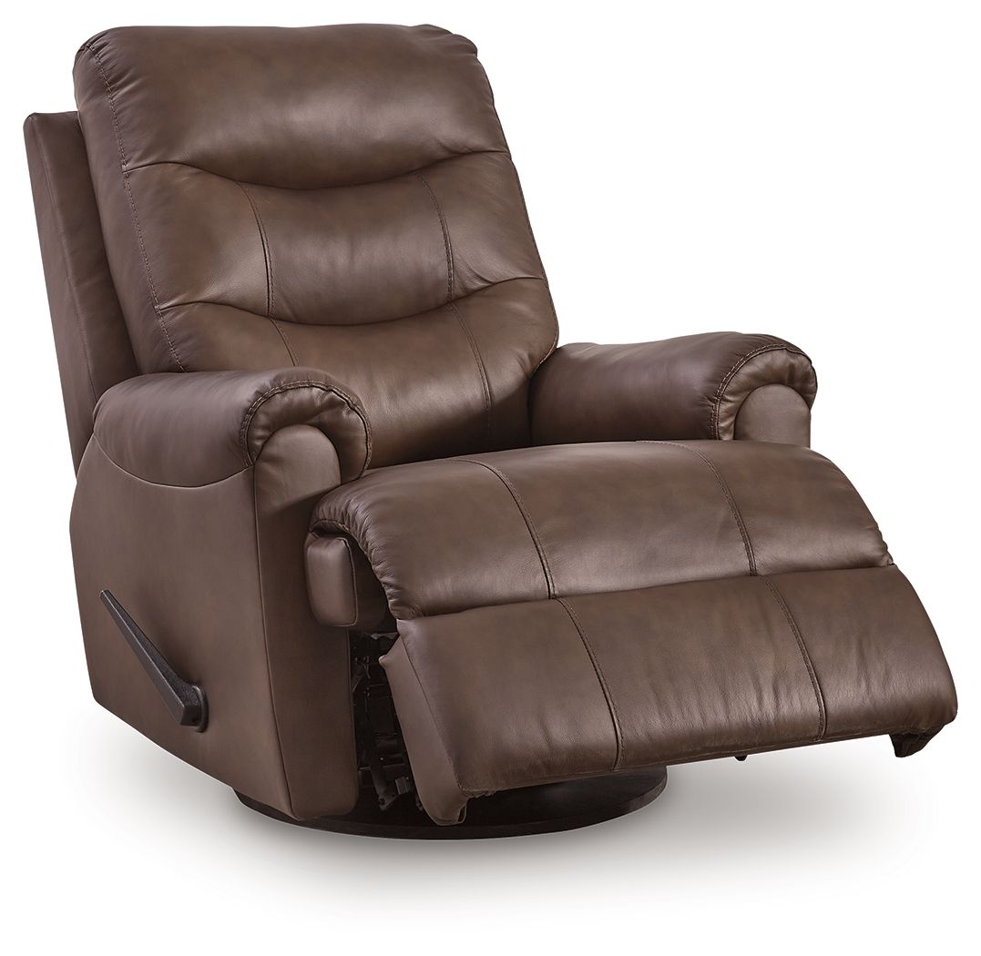 Espresso leather swivel glider recliner with extended footrest, thick seat cushions, rounded arms