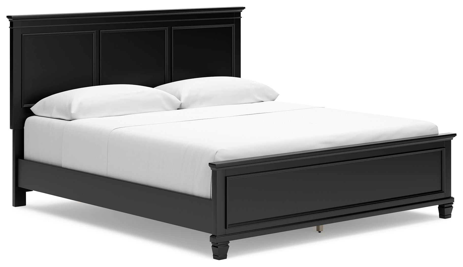Black panel bed with smooth side rails and white mattress, paneled headboard