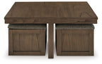 Brown square cocktail table with two matching stools and gray fabric upholstery.