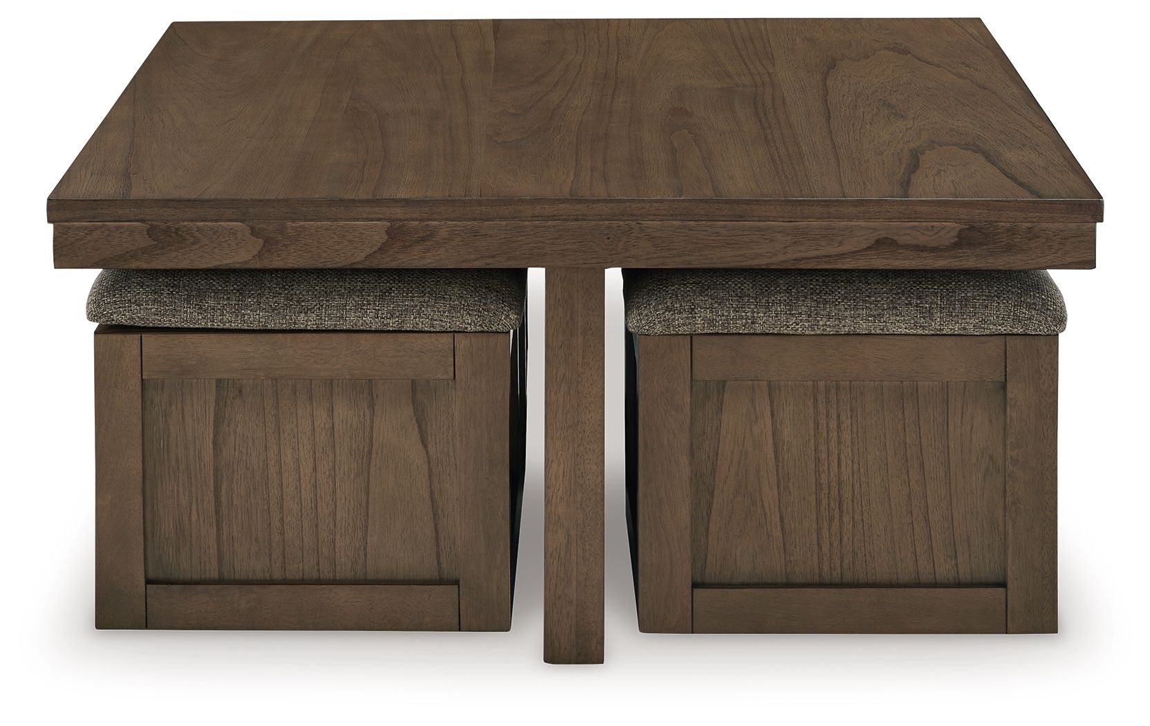 Brown square cocktail table with two matching stools and gray fabric upholstery.