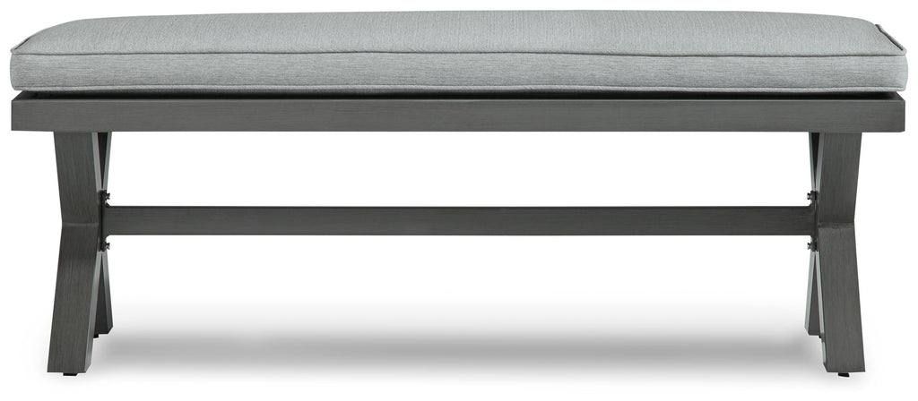 Gray outdoor bench with cushion, dark gray frame and two front legs