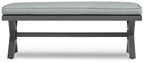 Gray outdoor bench with cushion, dark gray frame and two front legs