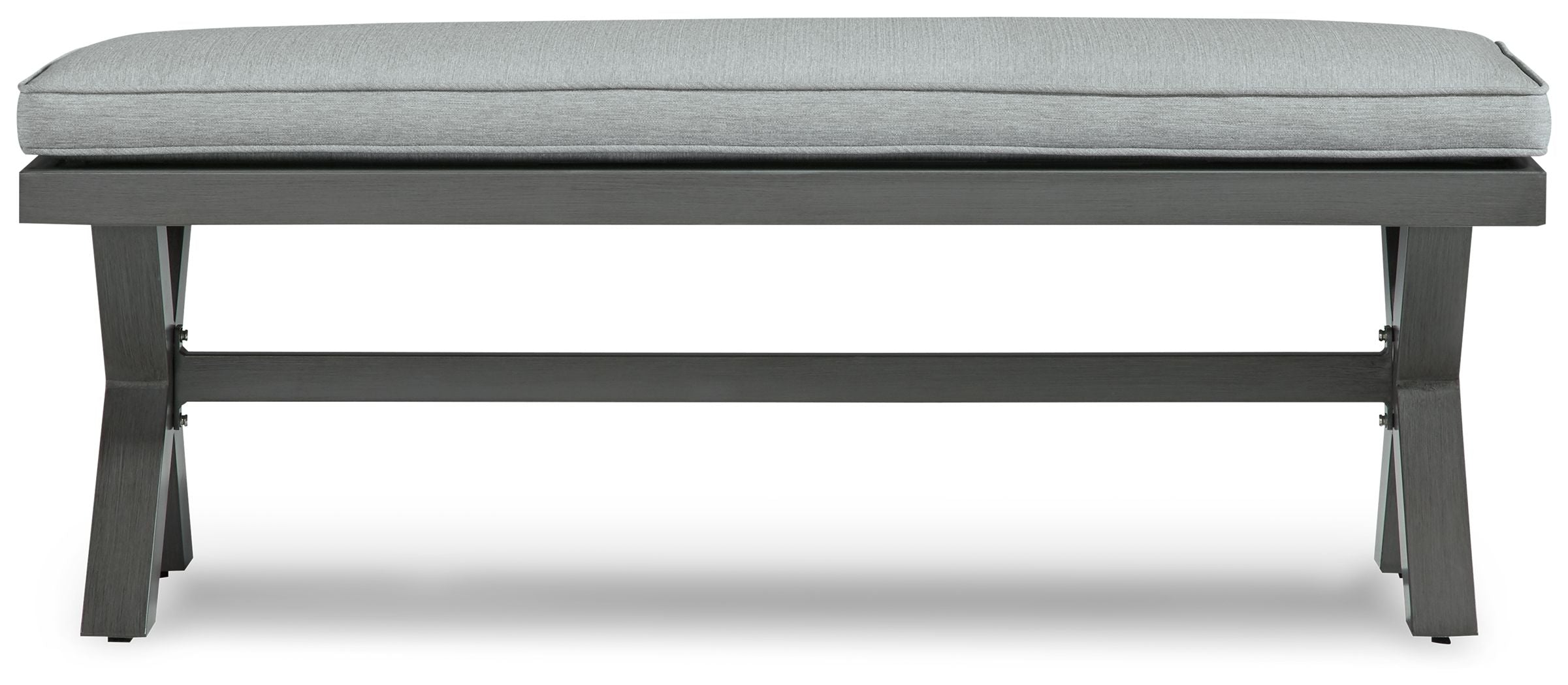 Gray outdoor bench with cushion, dark gray frame and two front legs