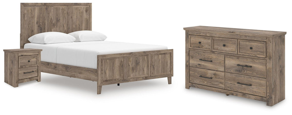 Rusticott panel bed with light brown wood posts and two side drawers