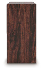 Dark brown cube organizer end panel with visible wood grain and top edge.