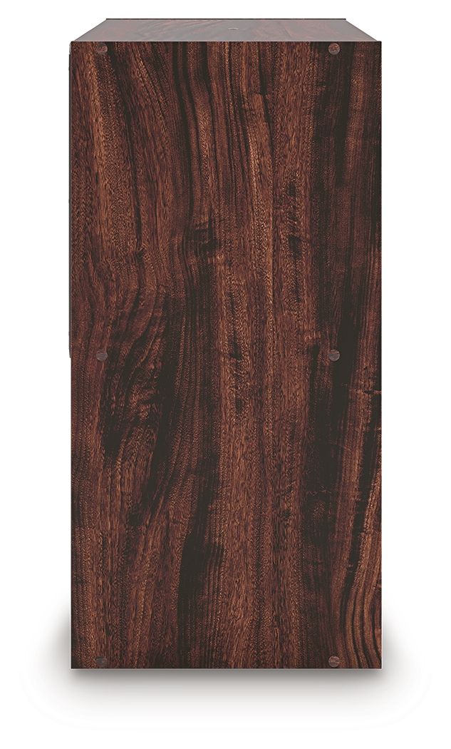 Dark brown cube organizer end panel with visible wood grain and top edge.