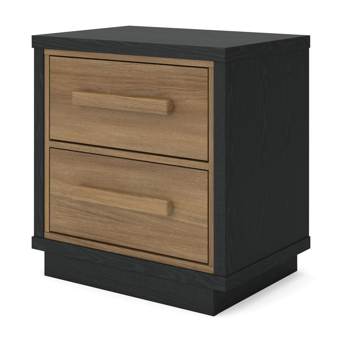 Black two-drawer nightstand with light wood drawer fronts and horizontal bar handles