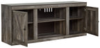 Gray TV stand with fireplace option, open doors revealing shelves and center fireplace opening