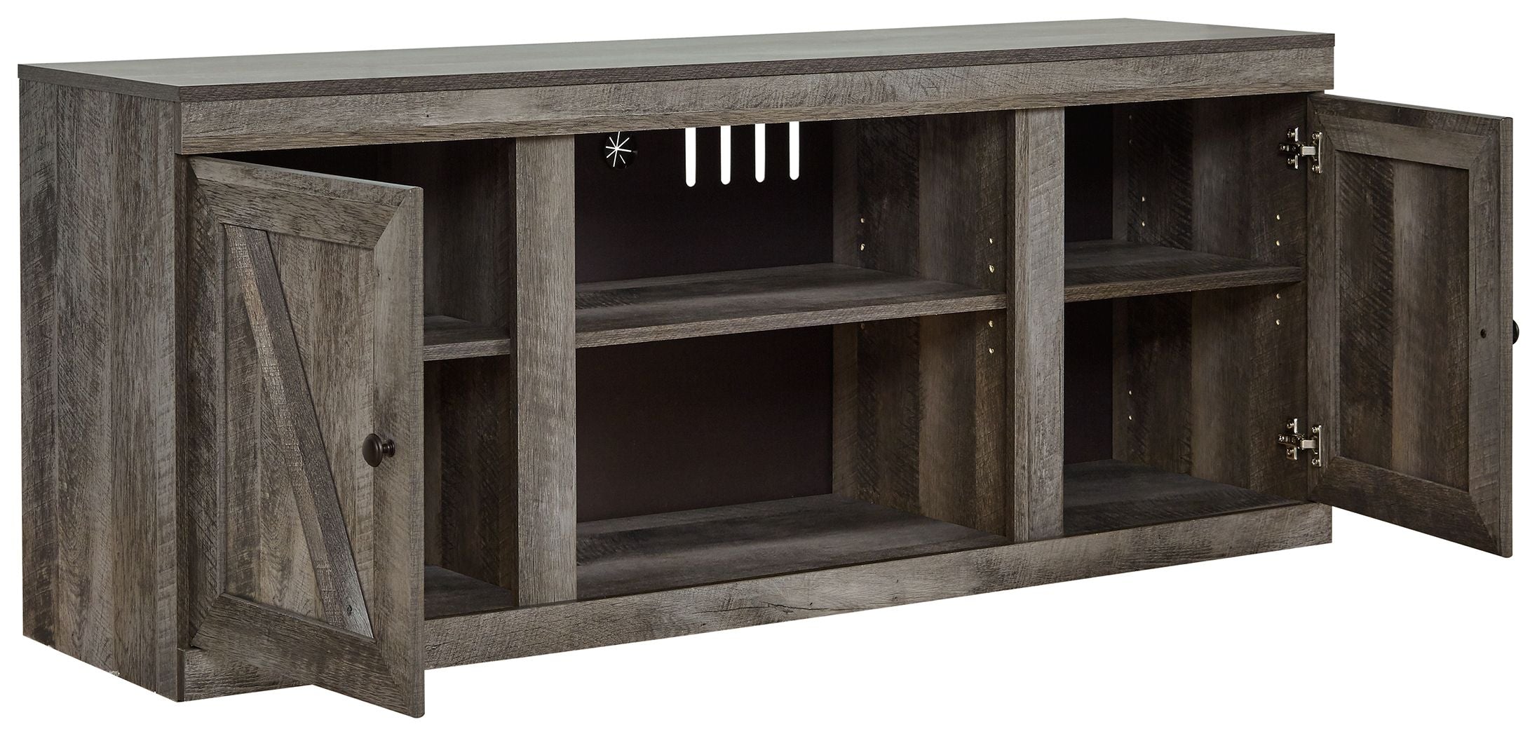 Gray TV stand with fireplace option, open doors revealing shelves and center fireplace opening