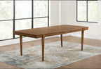 Brown rectangular extension dining room table with smooth wood top and tapered legs