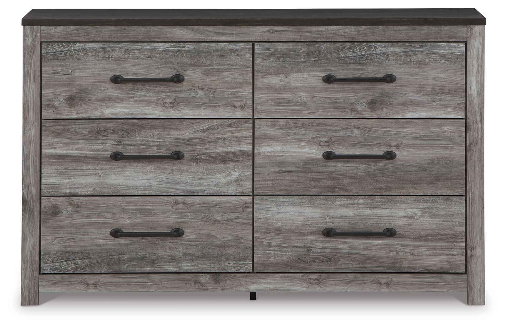 Dark gray dresser front with six drawers and metal bar handles