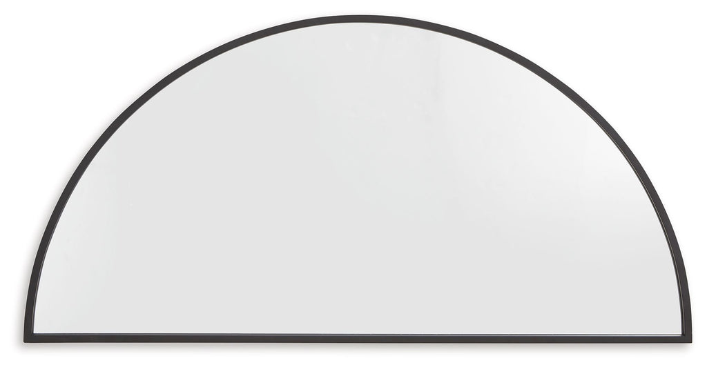 Half-moon accent mirror with black frame, arched top edge.