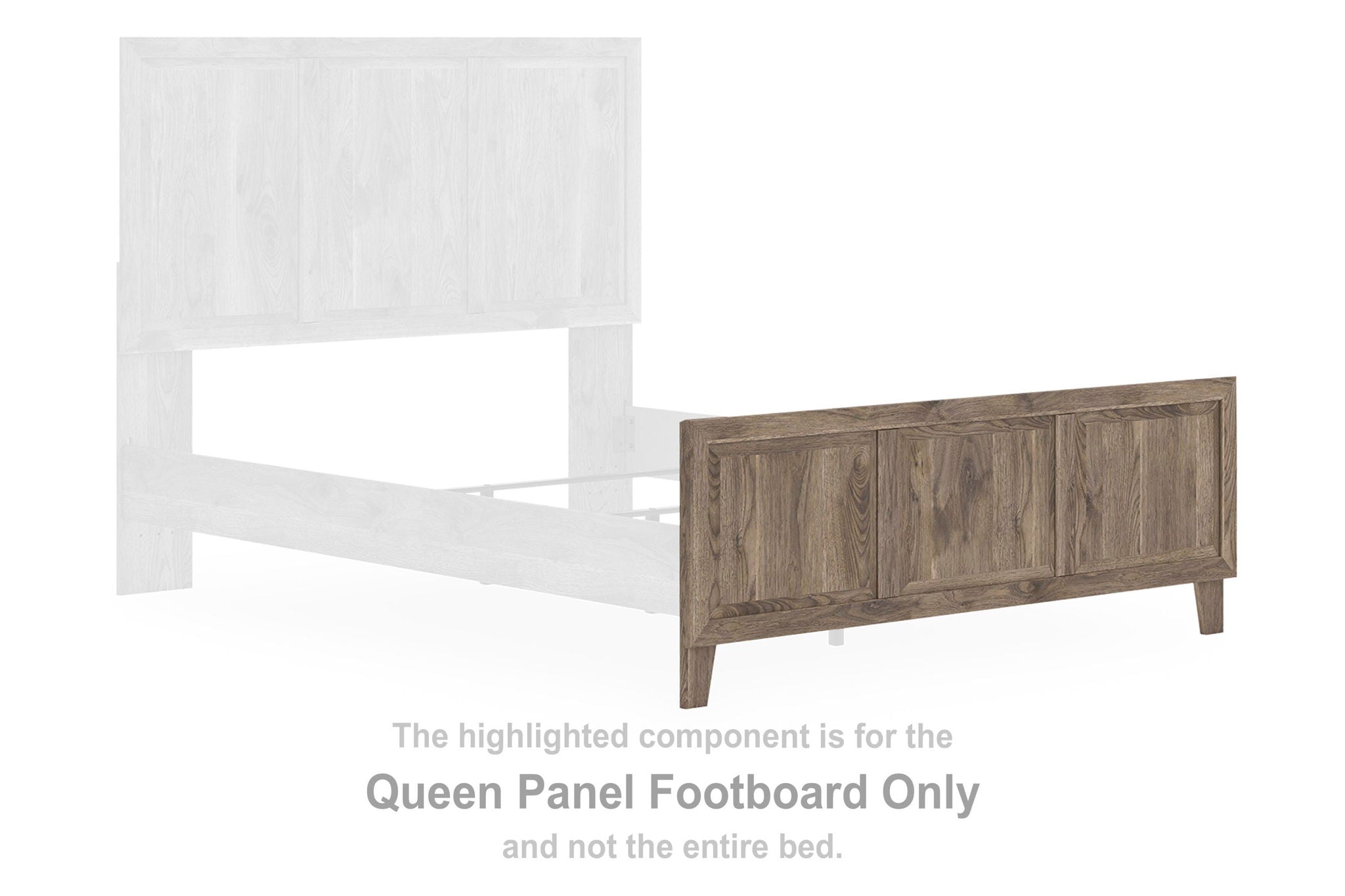 Brown wood panel queen footboard with raised frame and slatted design