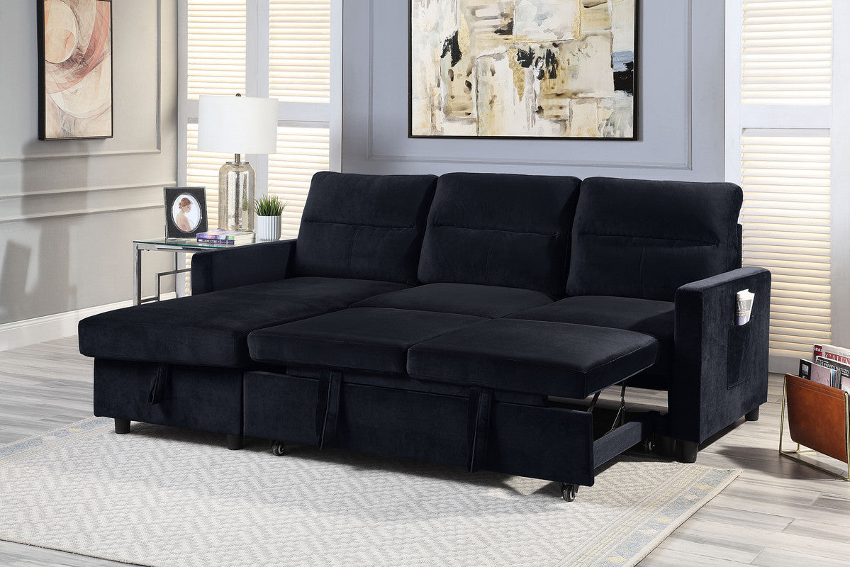 Black Velvet Reversible Sleeper Sectional Sofa w/Storage