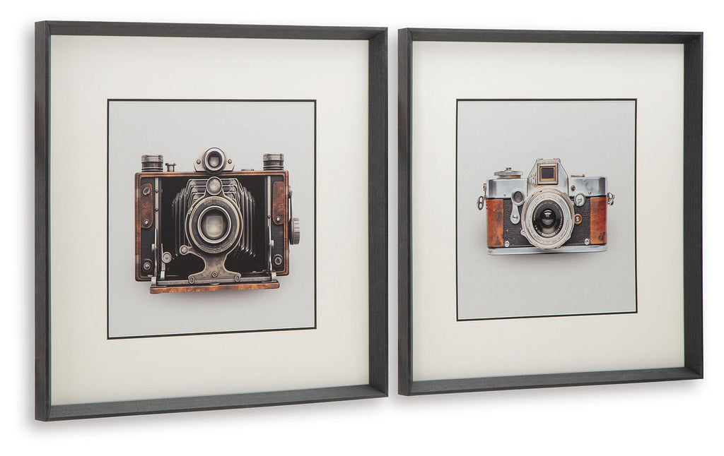 Set of 2 framed vintage camera prints, angled view with black and brown details.