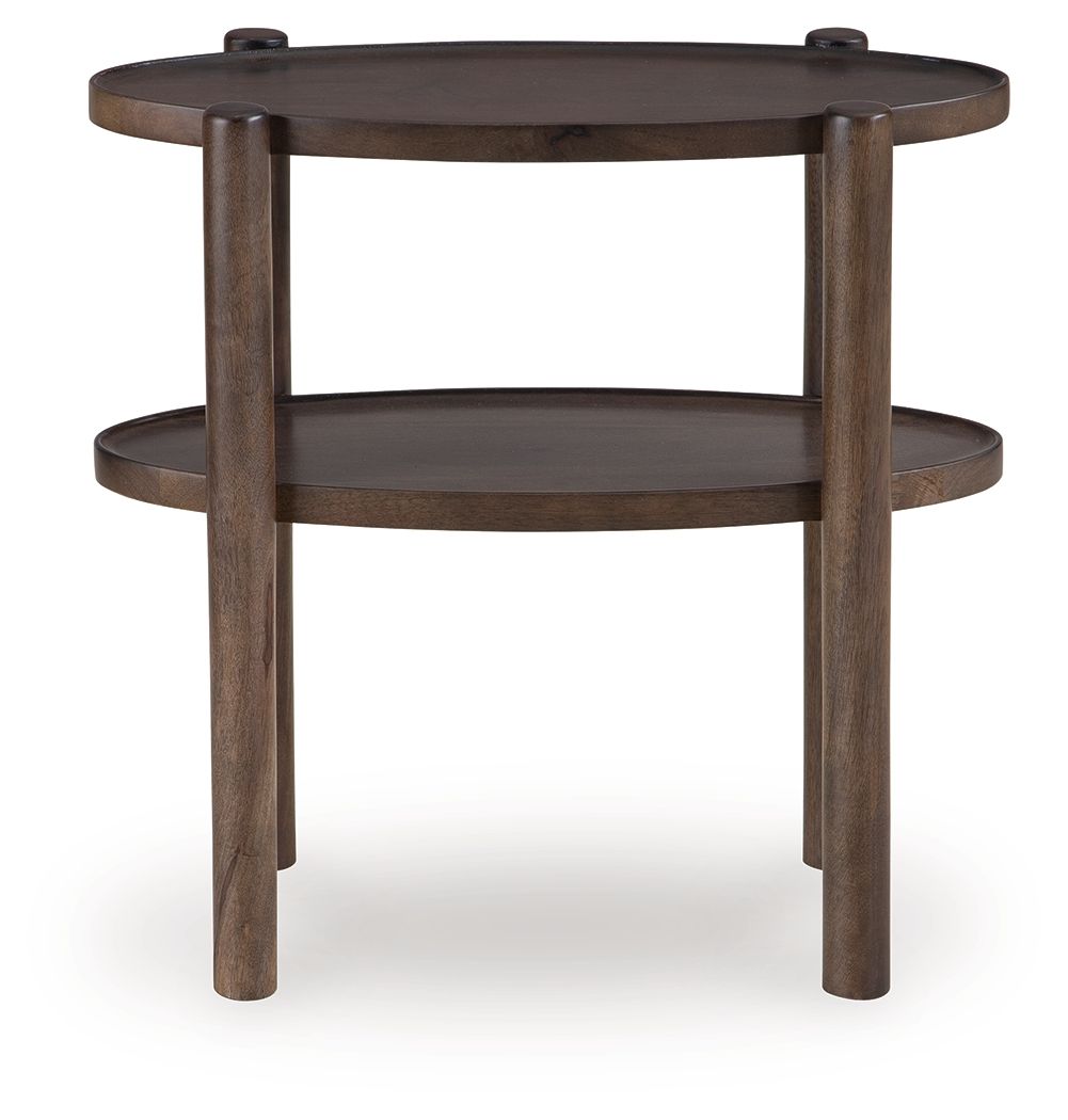 Gray-brown two-tier accent table with round top, curved lower shelf, and turned legs