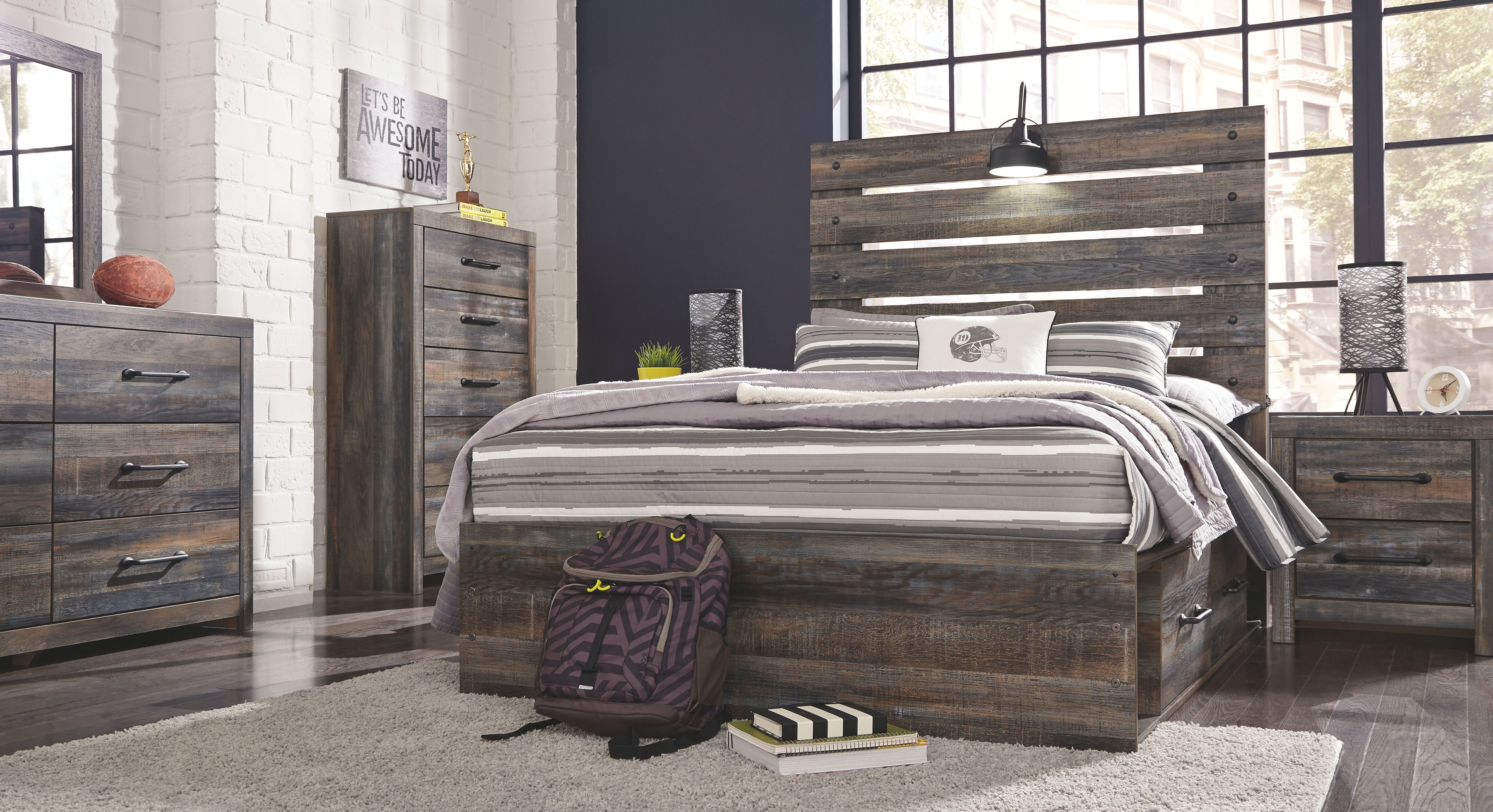 Youth panel bedroom set bedroom display with bed, dresser, and nightstands
