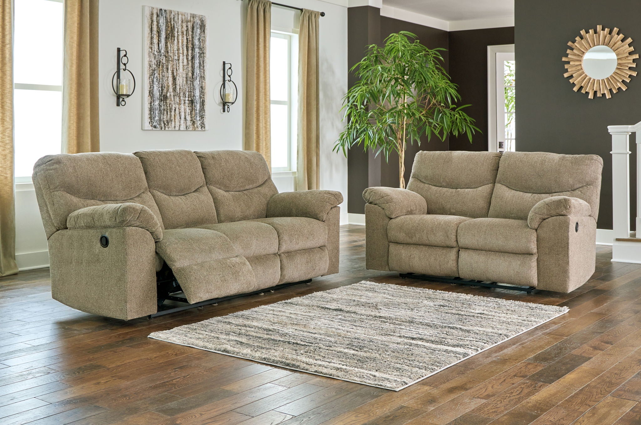 Taupe fabric recliner and sofa set with padded arms and recline mechanisms