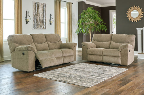 Taupe fabric recliner and sofa set with padded arms and recline mechanisms