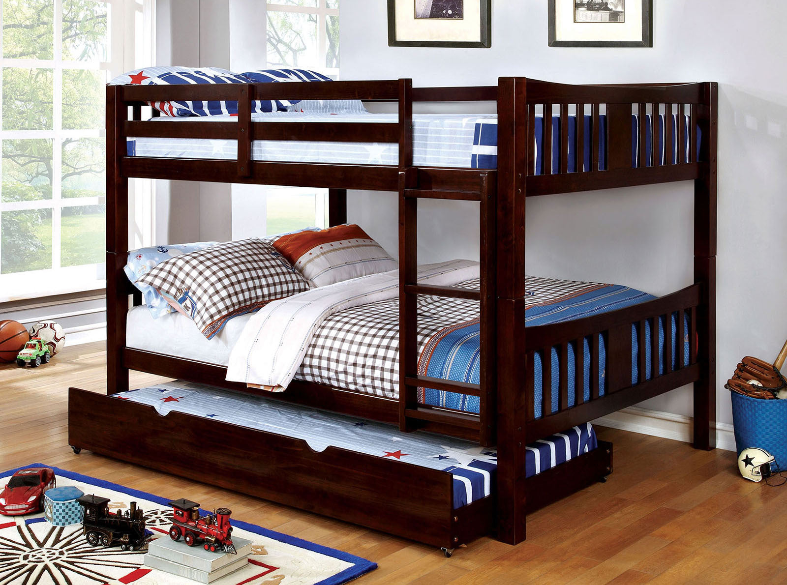 Transitional Full Over Full Bunk Bed, Solid Wood, Dark Walnut Ladder