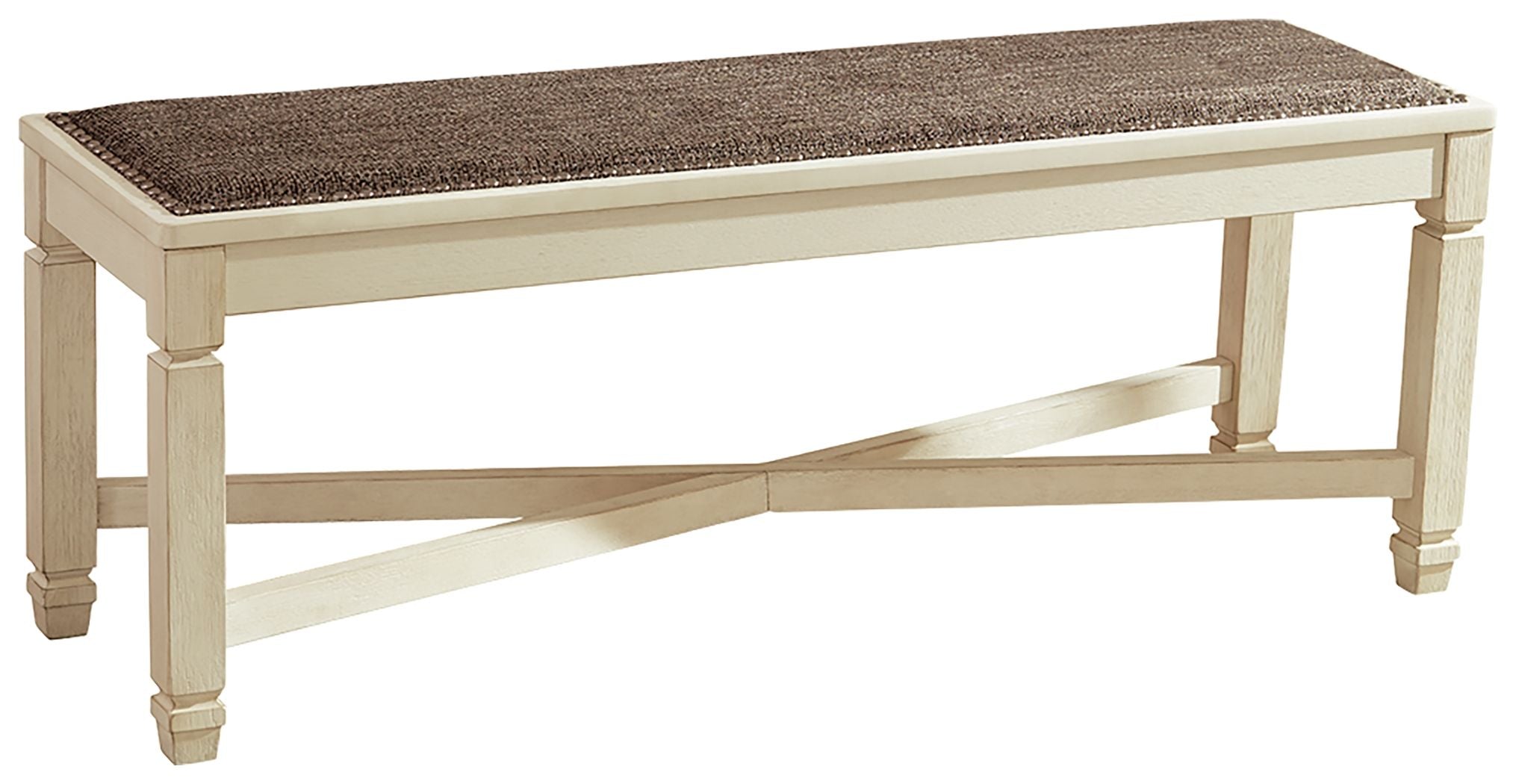 Large upholstered dining bench with dark brown seat cushion and beige wood frame