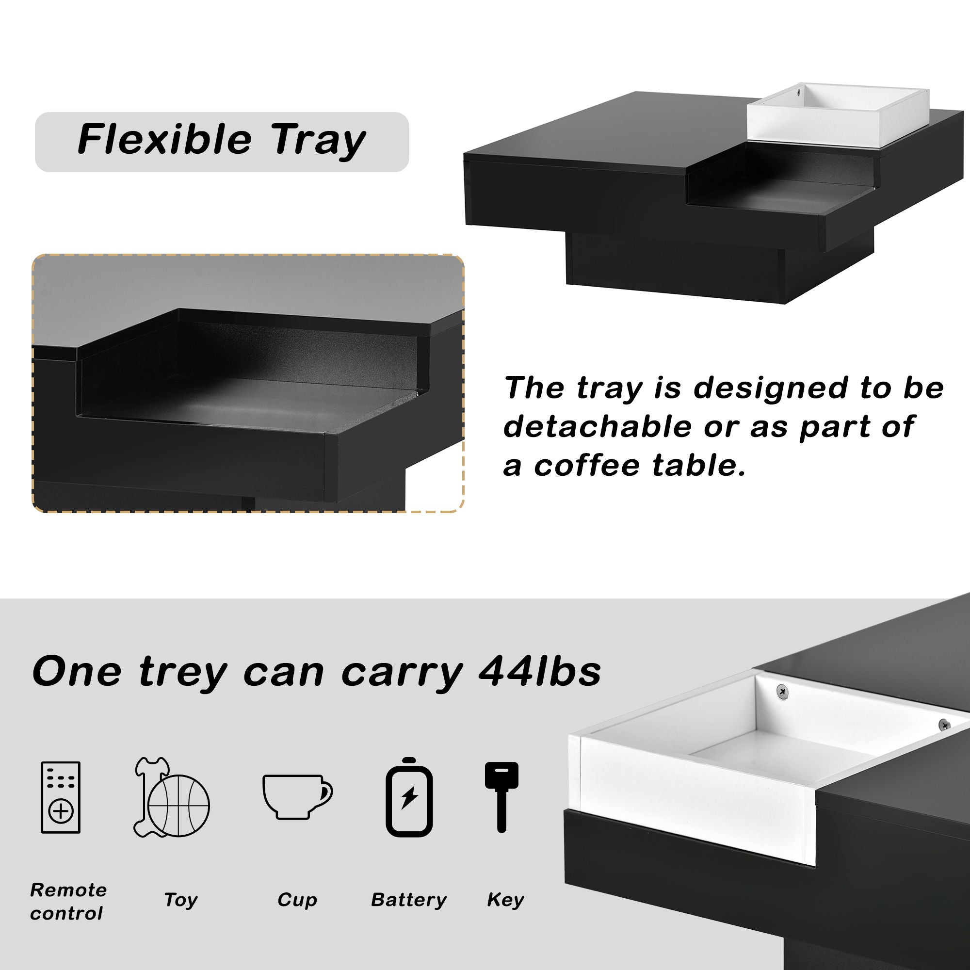 On-Trend Modern Minimalist Design 31.5*31.5 In Square Coffee Table With Detachable Tray And Plug-In 16-Color Led Strip Lights Remote Control For Living Room