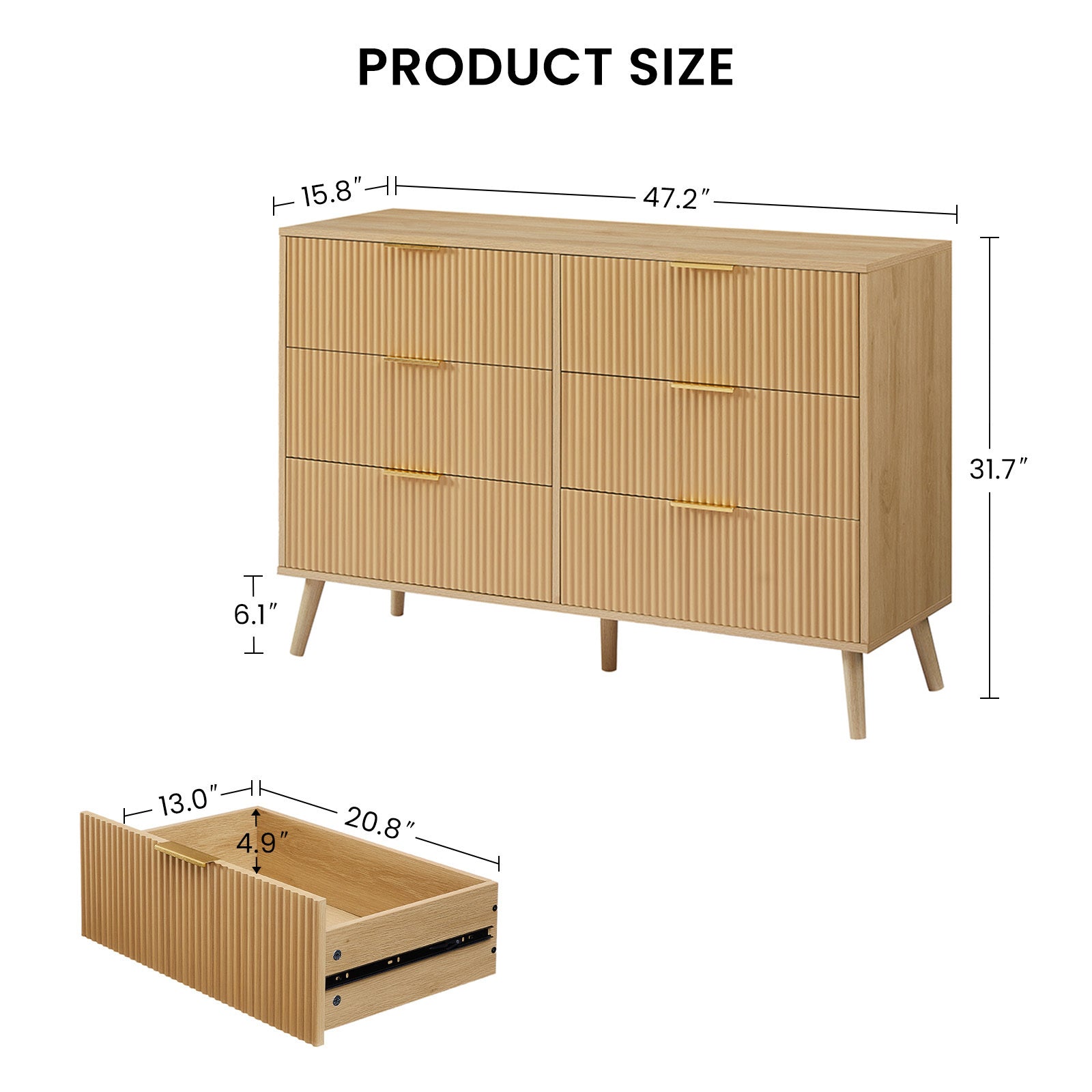 Wavy Drawer Dresser - 6 Drawers - Natural Wood
